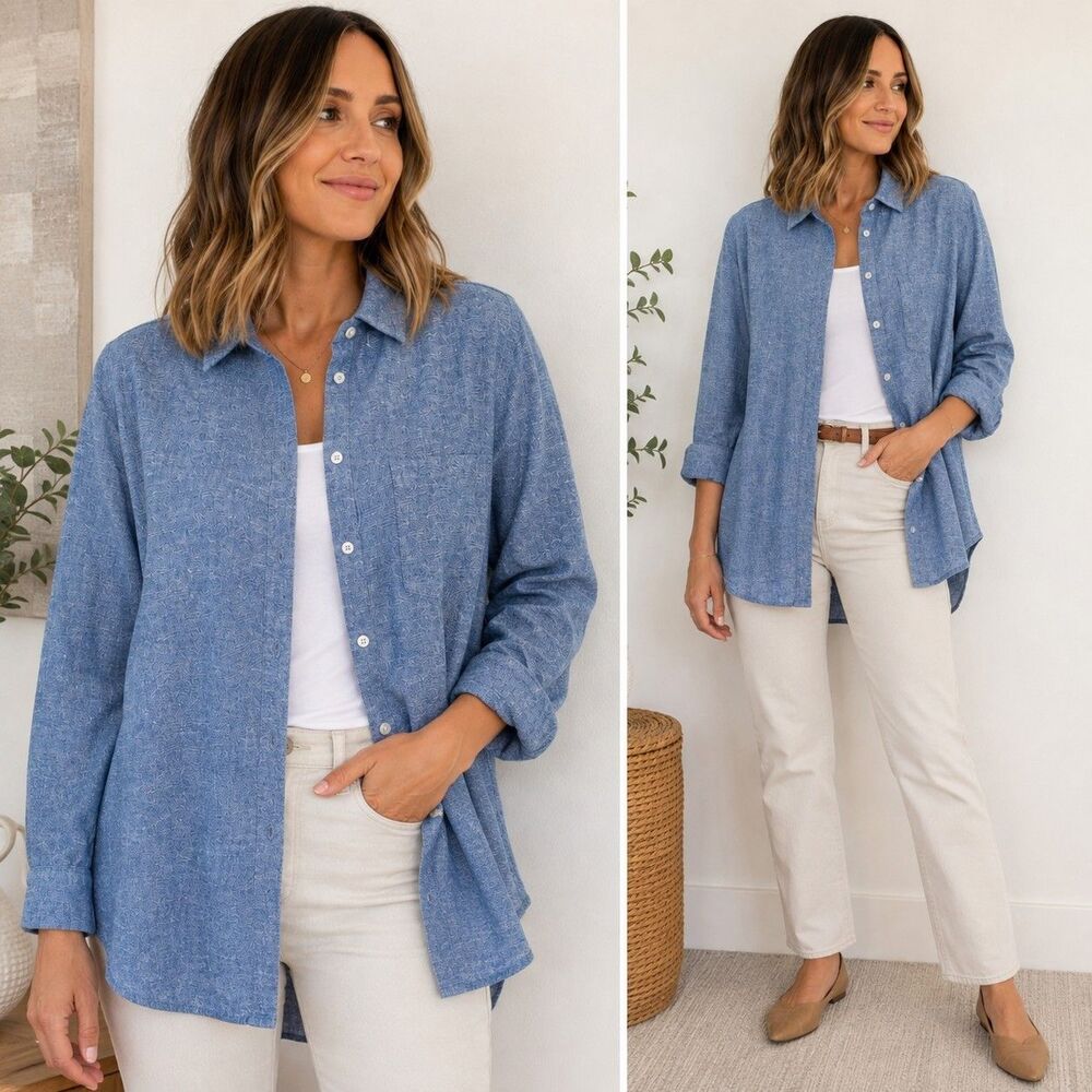 GAP Womens Large Blue Linen Rayon Chambray Button Down Shirt Long Sleeve L
